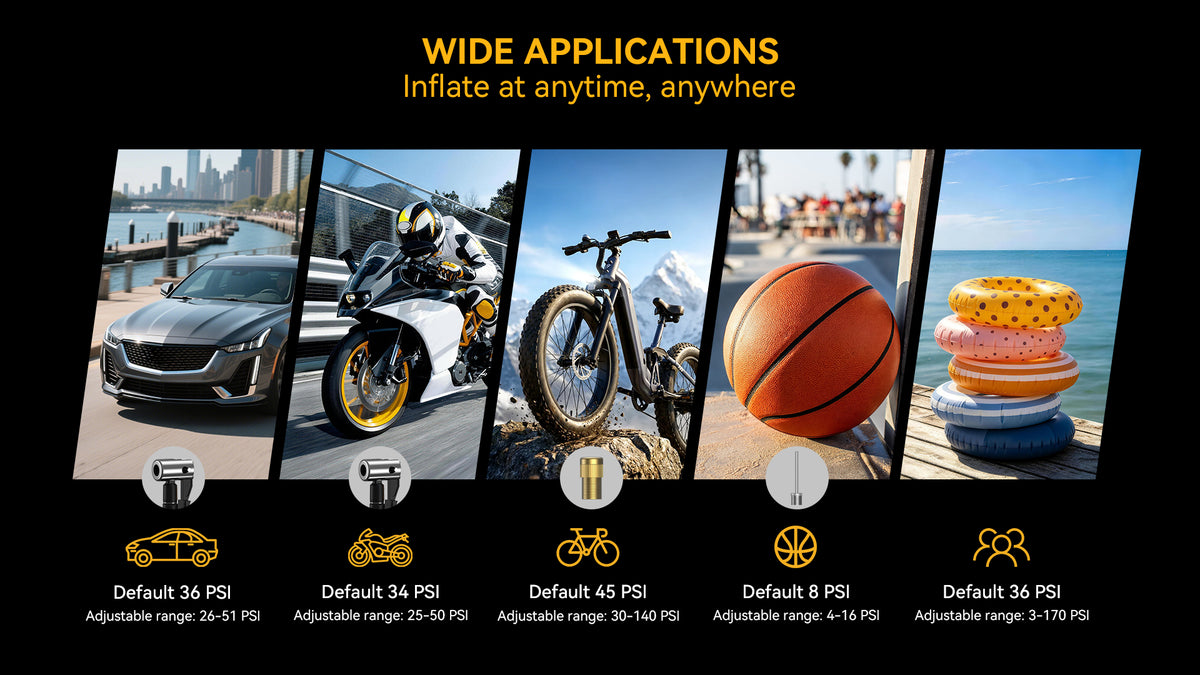 WIDE APPLICATIONS
Inflate at anytime, anywhere  car bike ball 